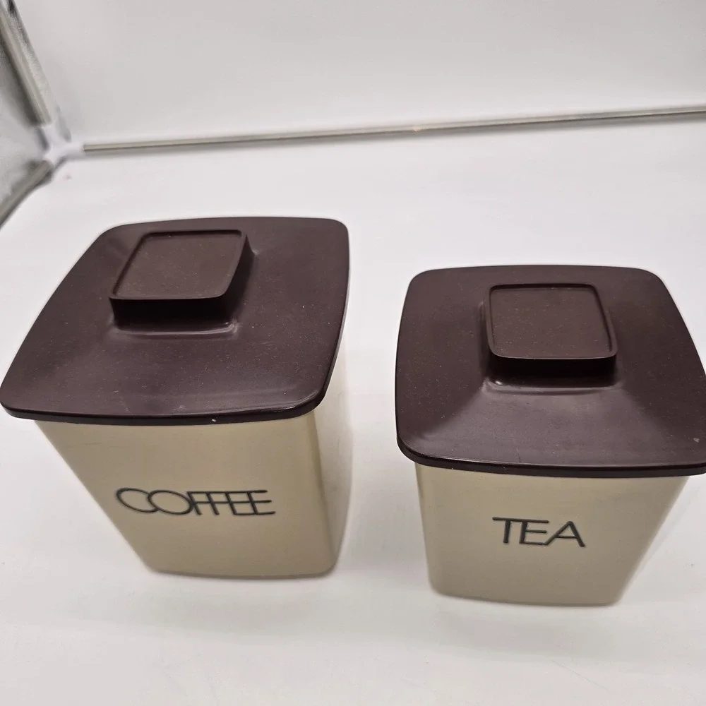 Vintage 70s 2 Piece Plastic Tan Brown‎ Canister Coffee Tea Only Kitchen Decor